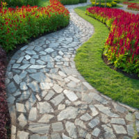 Natural stone path between flowering flower beds