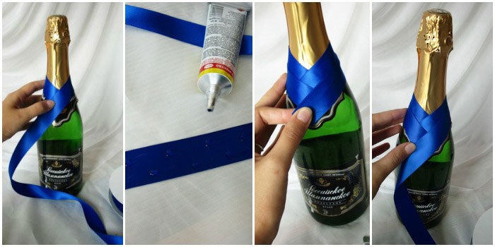 DIY sticking a satin ribbon on a bottle of champagne