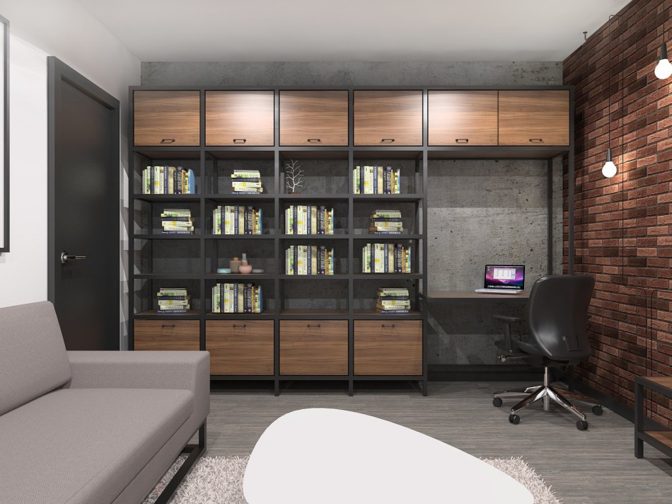 Bibliothèque conçue comme un studio dans une maison à panneaux de la série p44t