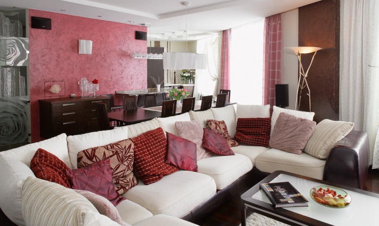The combination of red and black colors in the design of a studio apartment
