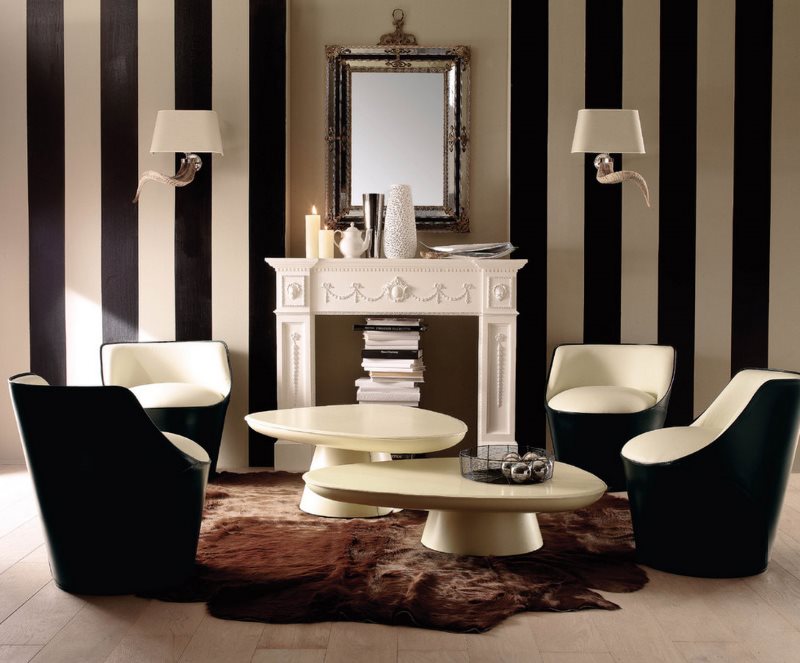 Wallpaper in black and white stripes on the wall with a fireplace