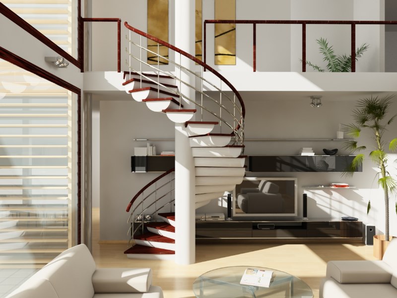 Spiral staircase with original steps in the interior of the living room