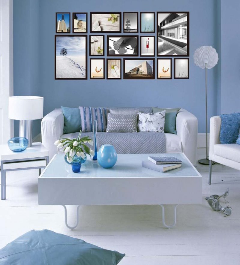 DIY living room decor in blue tones.