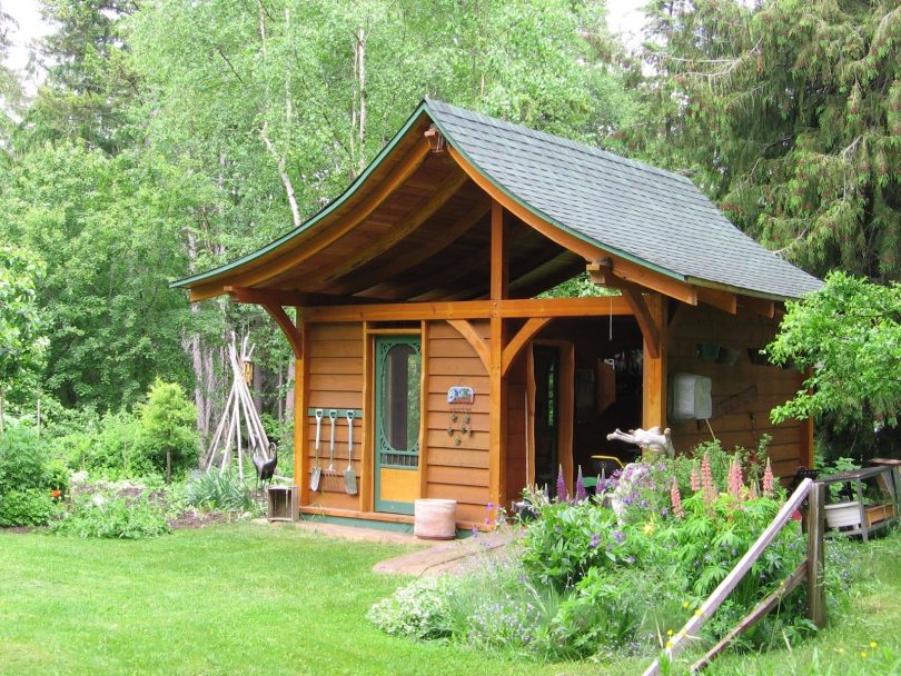 Beautiful shed in the landscaping of the garden