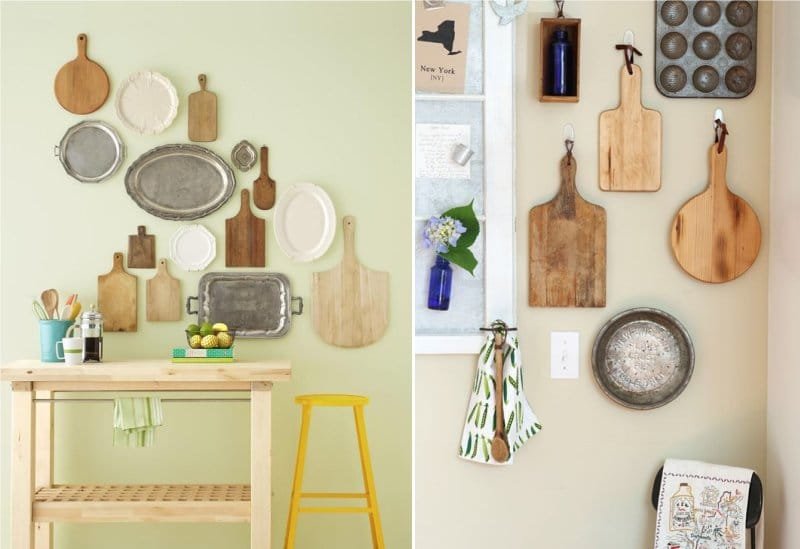 Kitchen wall decoration with cutting boards and trays