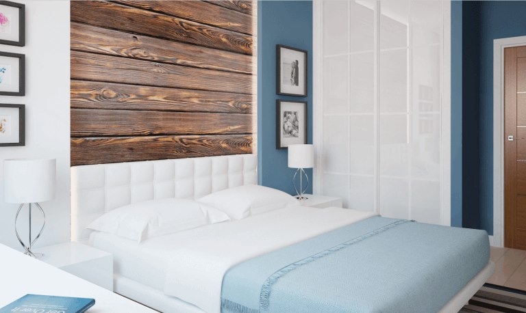Wall decoration behind the bed with laminate panels