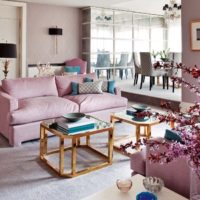 Living room of a country house in shades of lavender