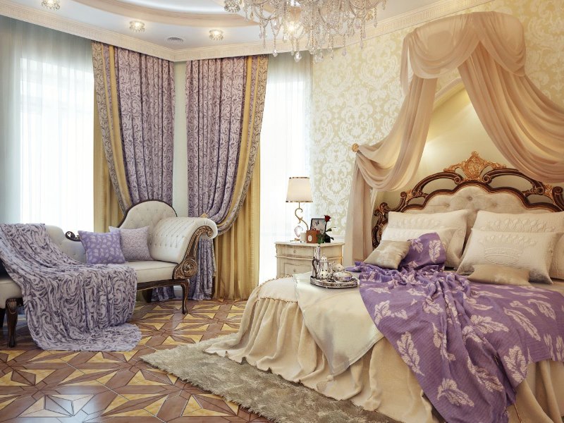 Brown classic bedroom interior with lavender accents