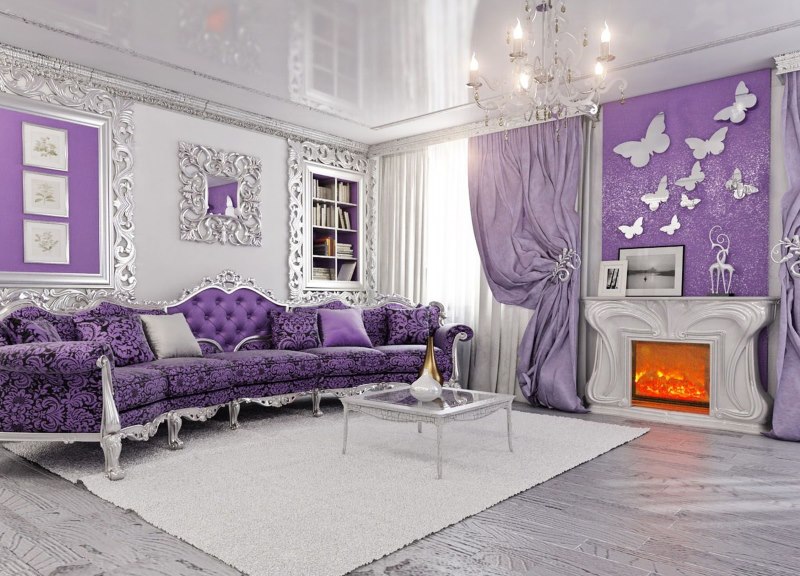 Lavender sofa in the interior of a classic living room