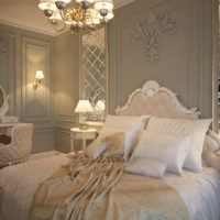 Wall decoration over the head of the bed with stucco moldings