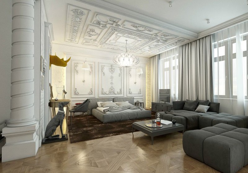 Stucco molding in the interior of a modern living room