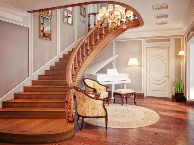 Wooden staircase in the lobby of a private house