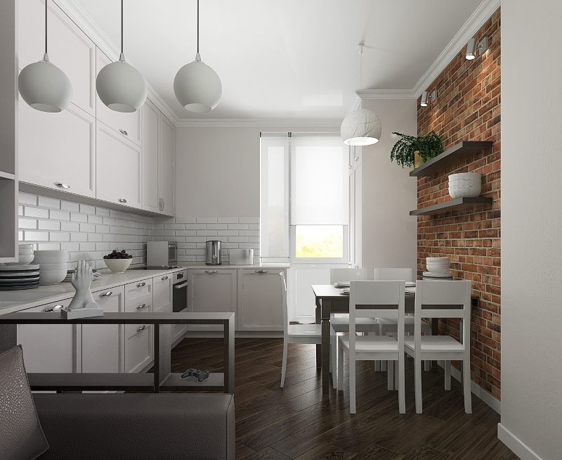 Modern kitchen with brick wall loft elements