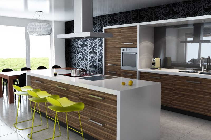 Bright bar stools in the fashionable interior of the kitchen-living room