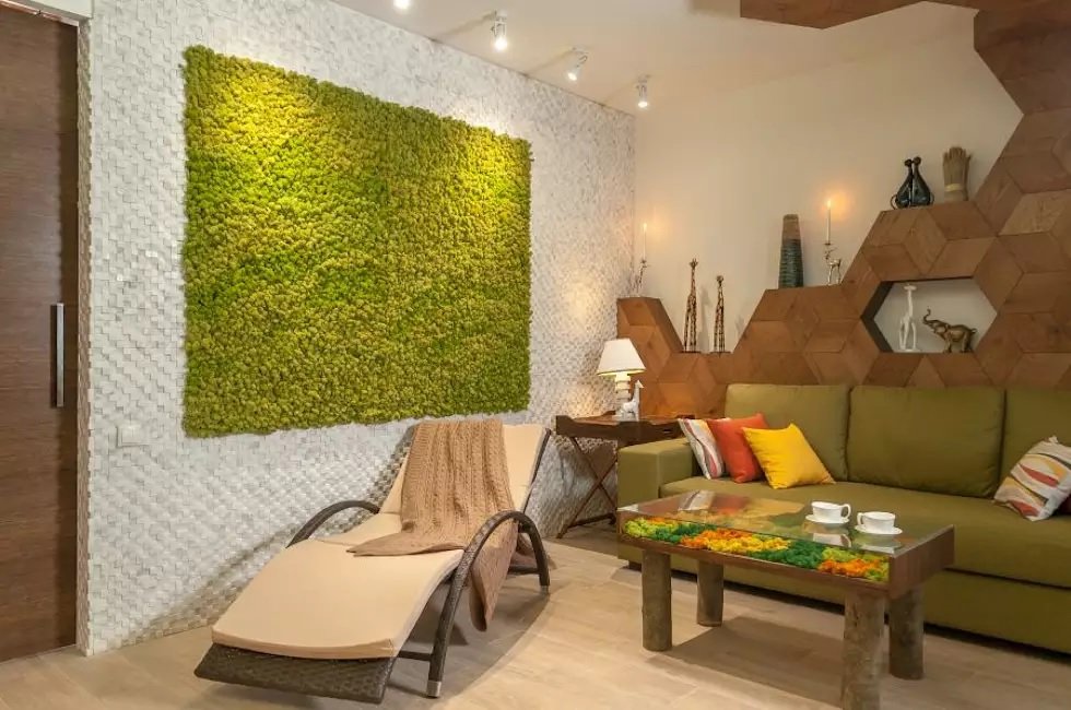 Green moss panel in the living room interior