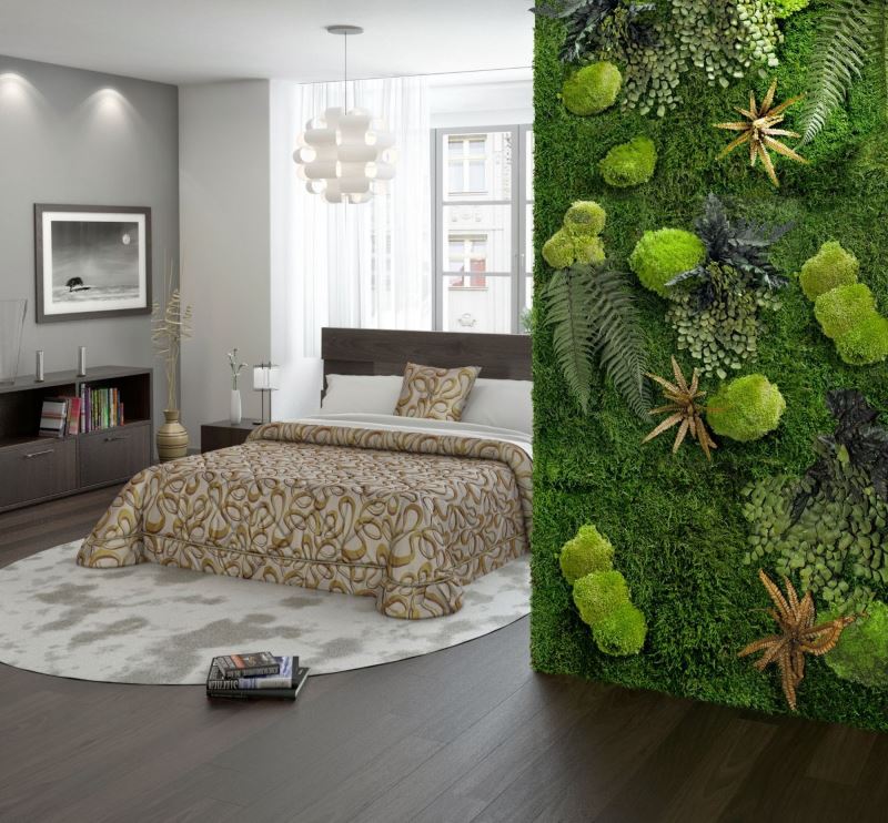 Fitostena using natural moss in the bedroom of a city apartment