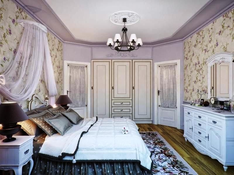 Provence style bedroom with wall moldings