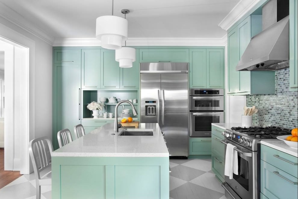 Matte fronts of the kitchen set in mint colors
