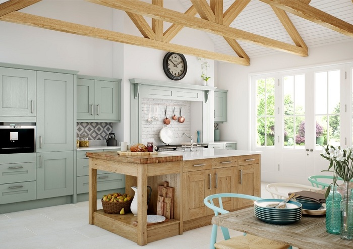 The combination of natural wood with mint color in the kitchen