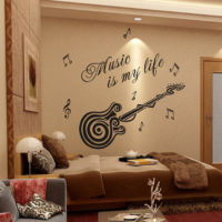 Wall decoration with inscriptions in the room of a young musician
