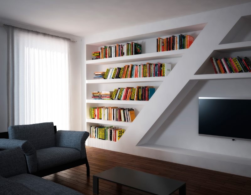 Niches instead of bookshelves on the wall of the living room
