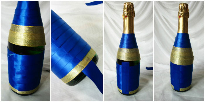 Pasting a bottle of champagne for the groom with satin ribbons