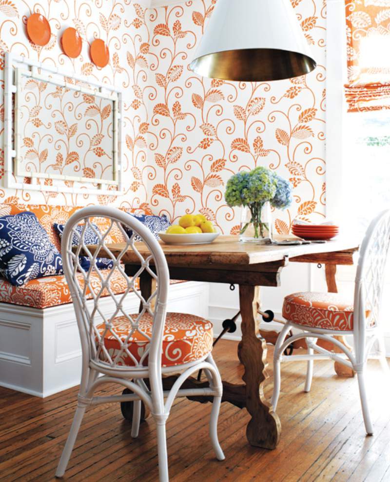 Wallpaper and orange patterns in the design of the kitchen