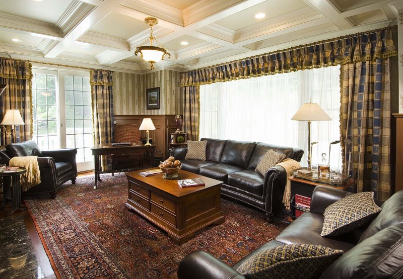 English style living room interior with striped wallpaper