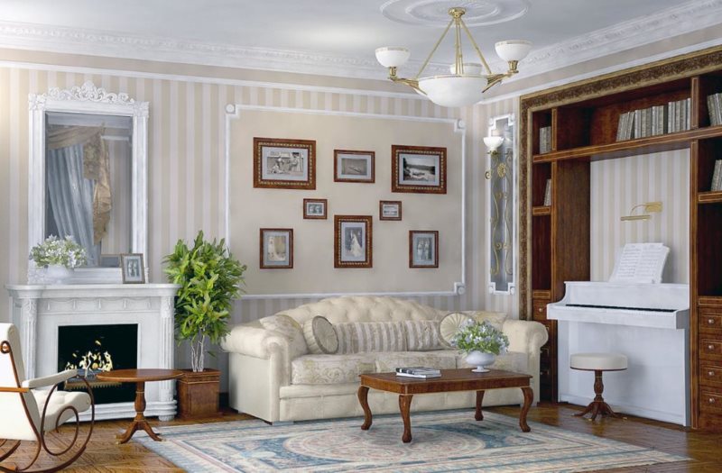 Renaissance style living room design with striped wallpaper on the walls.