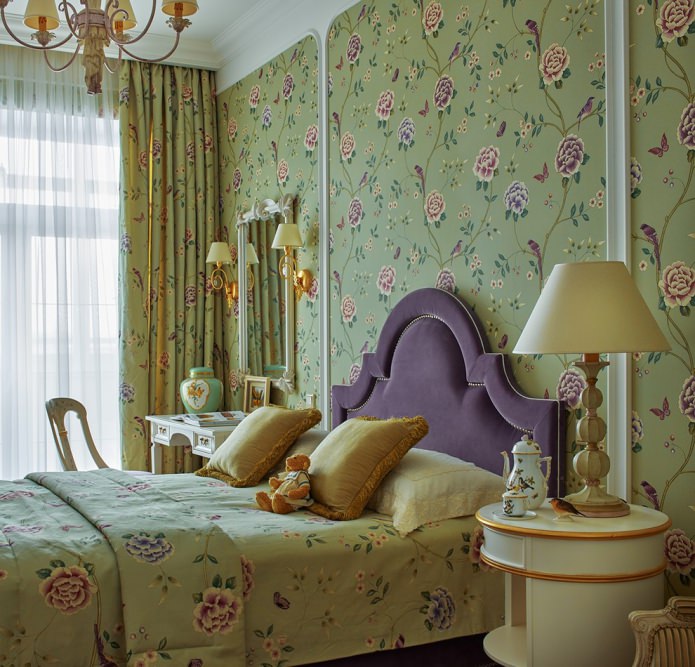 Bedroom interior in light olive shades