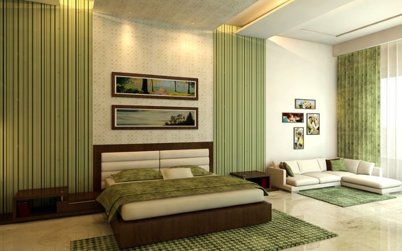 Camera da letto di design con tende verde oliva e pareti chiare