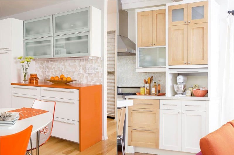 Design da cucina con piano di lavoro arancione e accessori vivaci