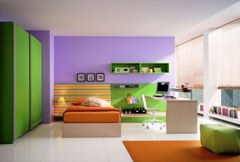Futuristic style living room interior combining orange and purple colors.
