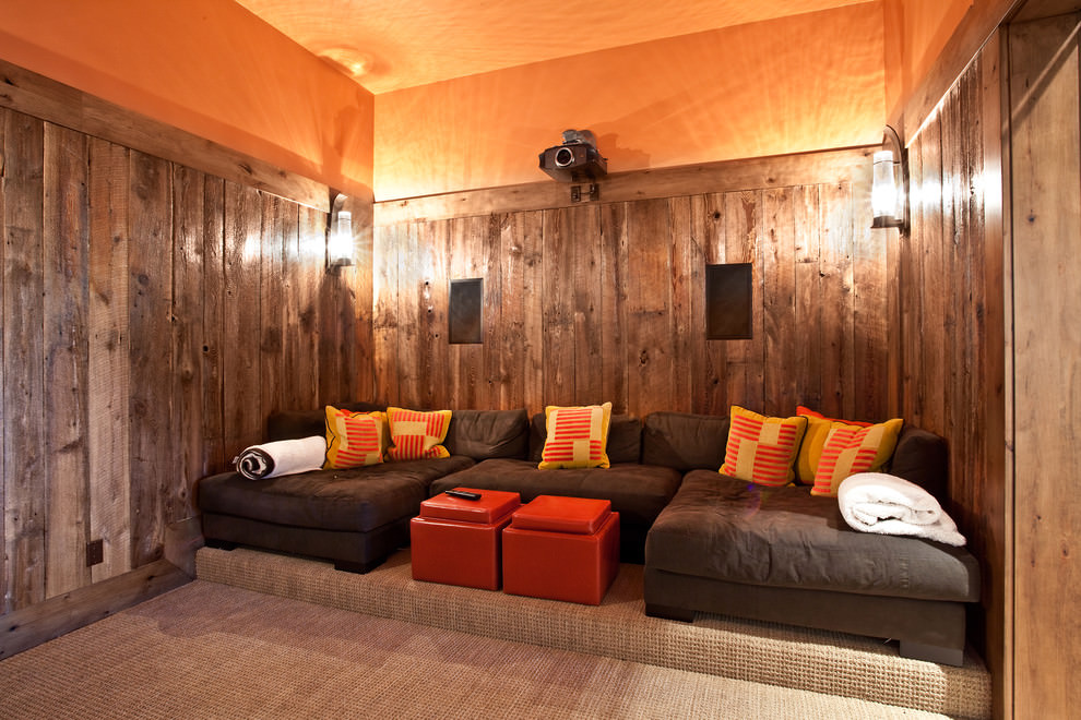 Home cinema interior with orange ceiling