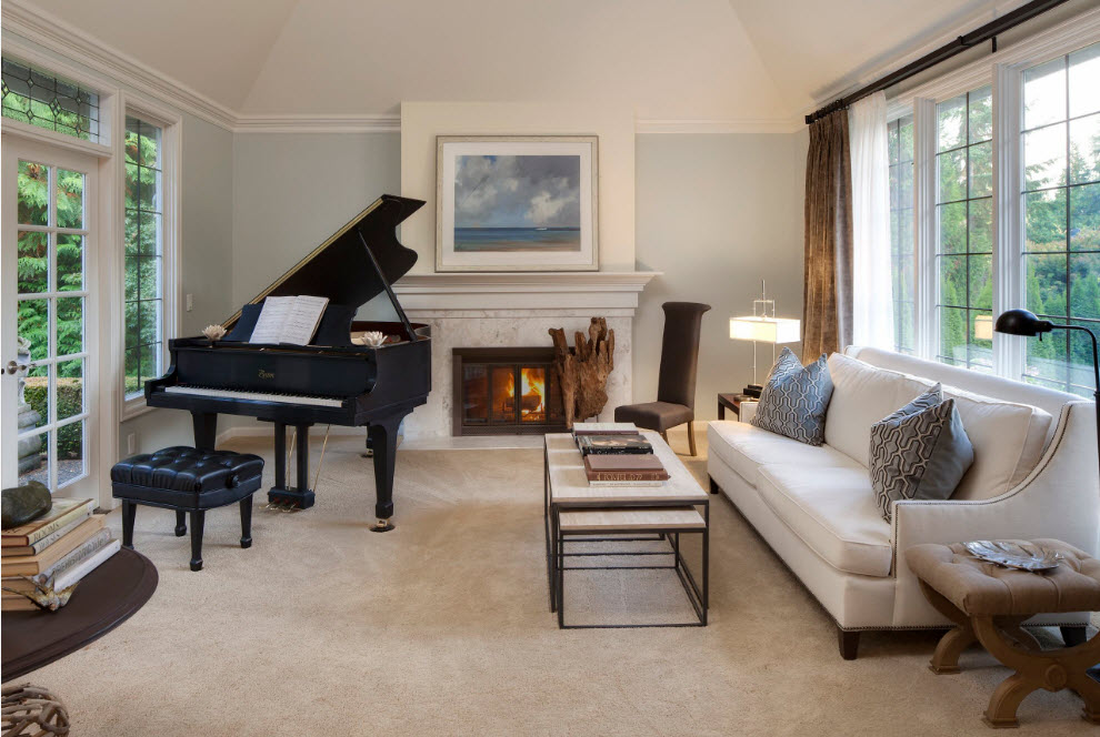 Piano in the interior of the living room in a neoclassical style