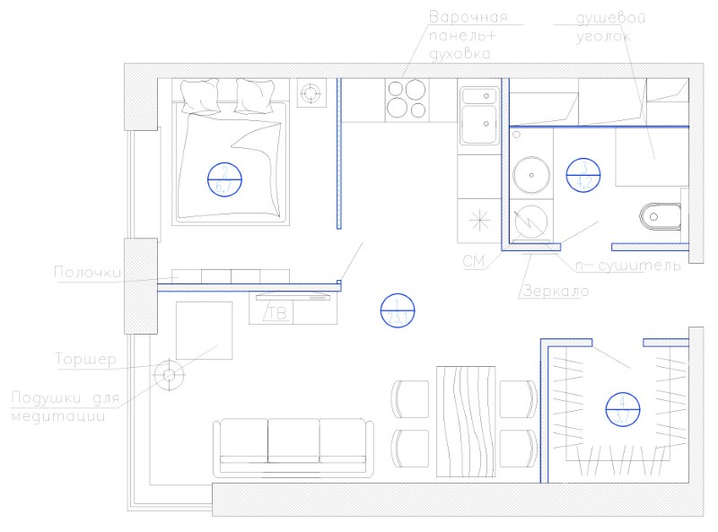 Layout of a studio apartment for one person