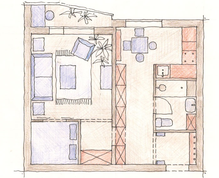 Layout of a one-room apartment in for two people