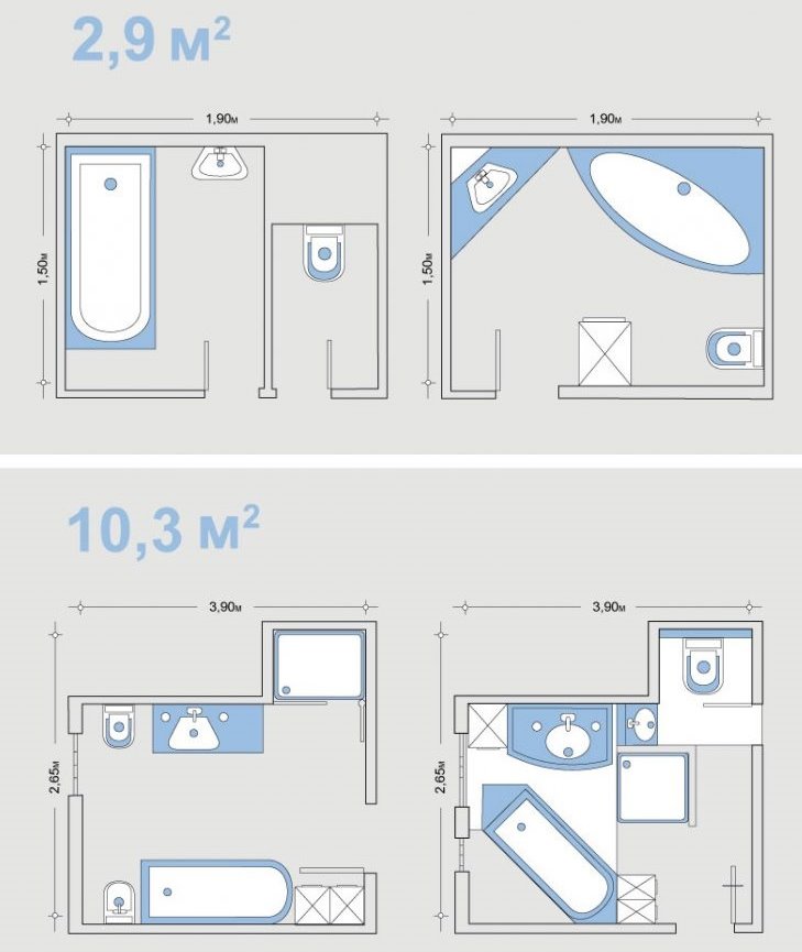 Layout diagrams of a bathroom of various sizes