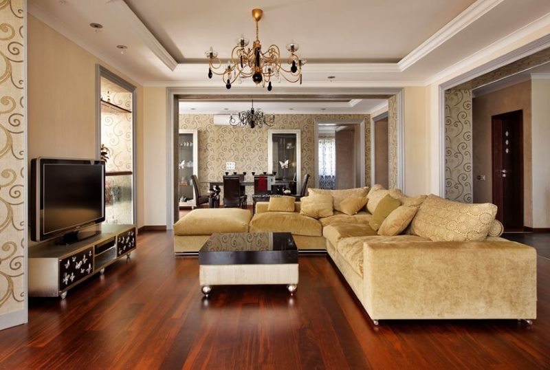 Neoclassical style room interior with dark brown floor.