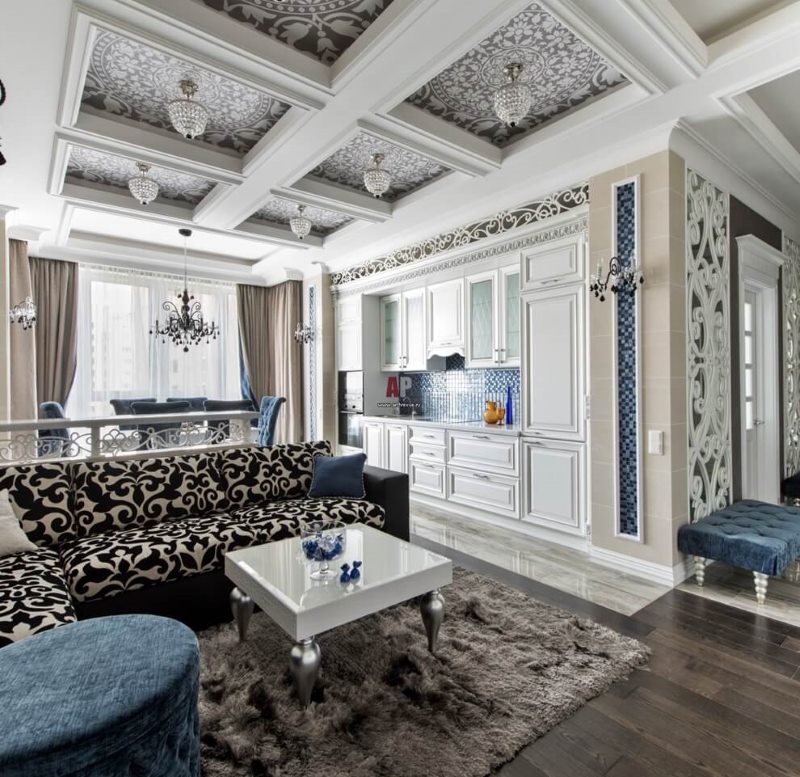 Beamed ceiling in neoclassical style living room