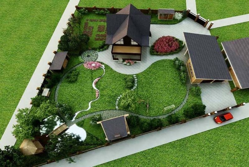 Design project of a country house plot with a garage and outbuildings