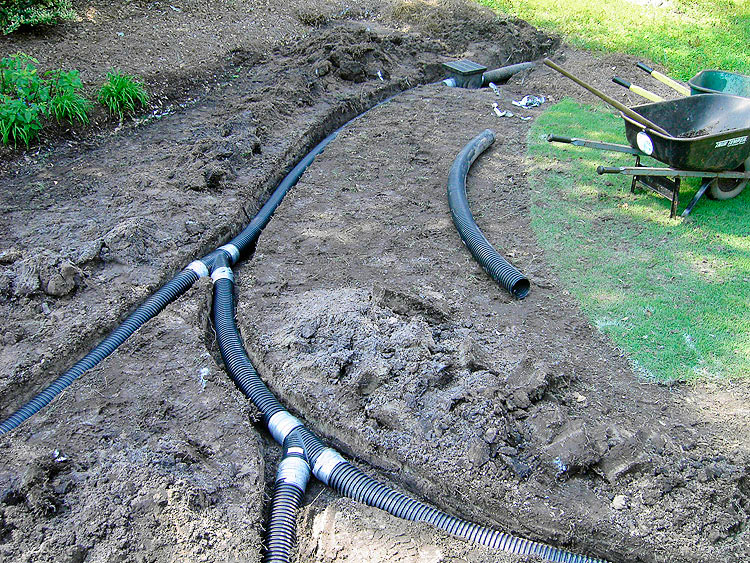 Pose du système de drainage dans le jardin