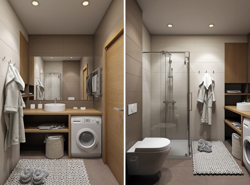 The interior of the combined bathroom in a studio apartment