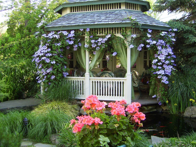 Décoration d'un gazebo de jardin avec des plantes à fleurs