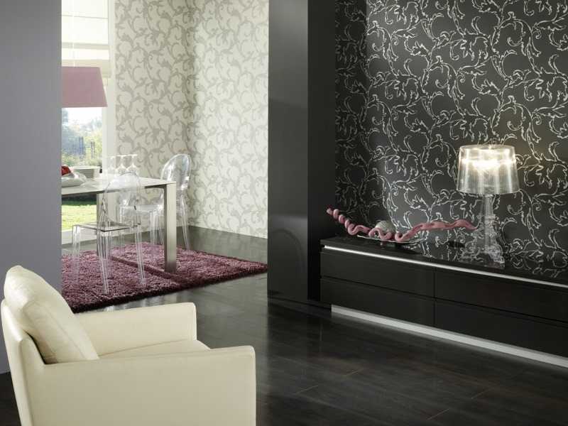 The combination of dark and light wallpaper in the interior of the living room