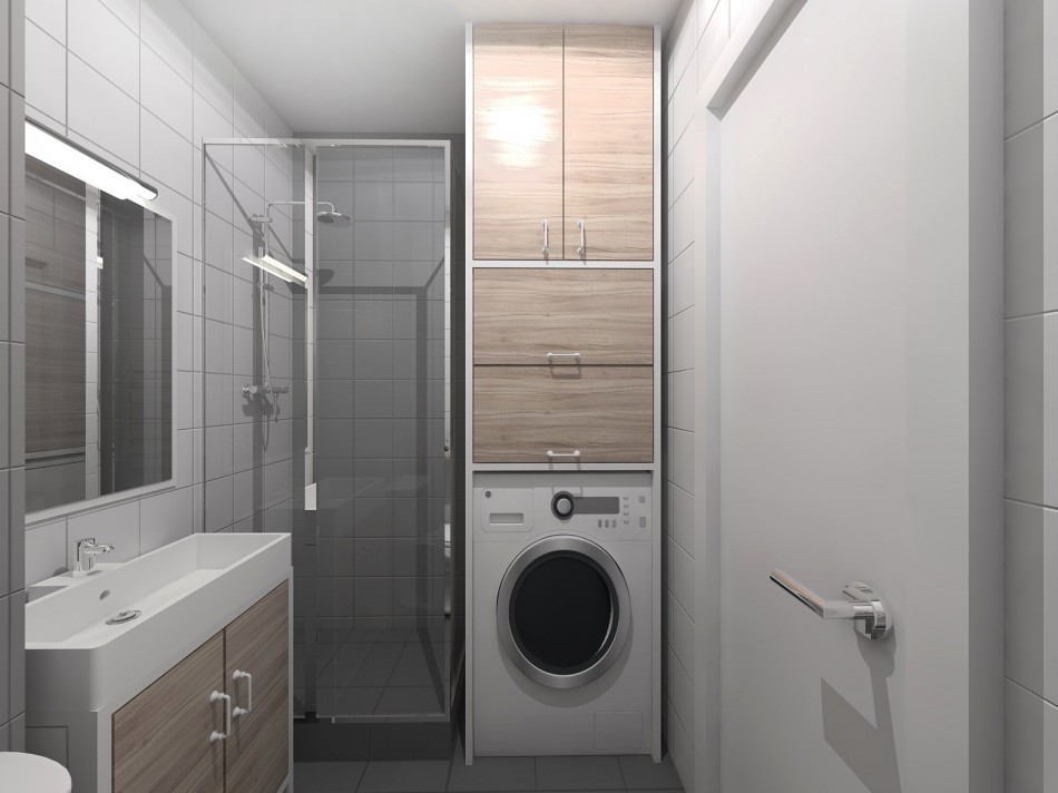 Shower and washing machine in the bathroom of a studio apartment