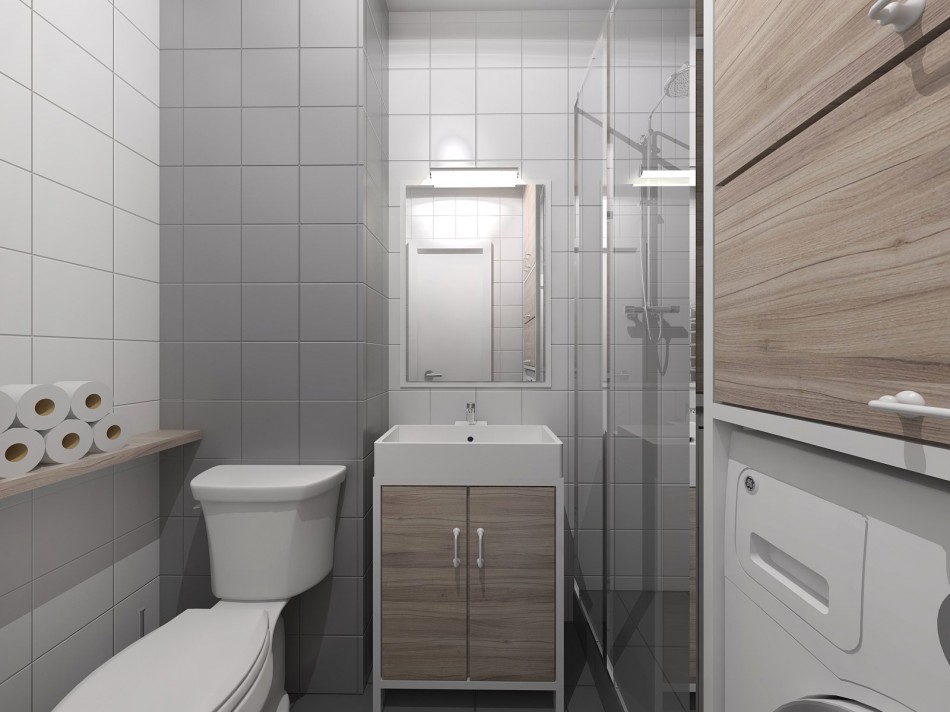 Conception d'une salle de bains dans un appartement d'une pièce d'une maison à panneaux