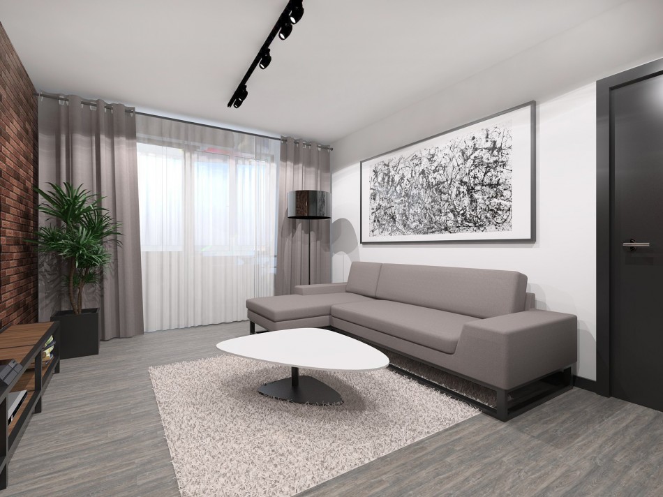 Design of a living room in a one-room apartment of a panel house