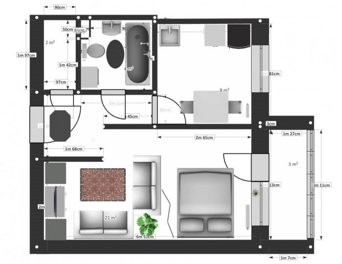 Disposition d'un appartement d'une pièce de 37 m² avec la division de la pièce en zones