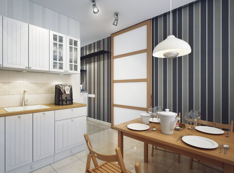Wide dark stripes on the wallpaper in the interior of the kitchen
